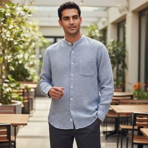 Everlane Men's Large Linen Navy Striped Band Collar Button Up Shirt Preppy